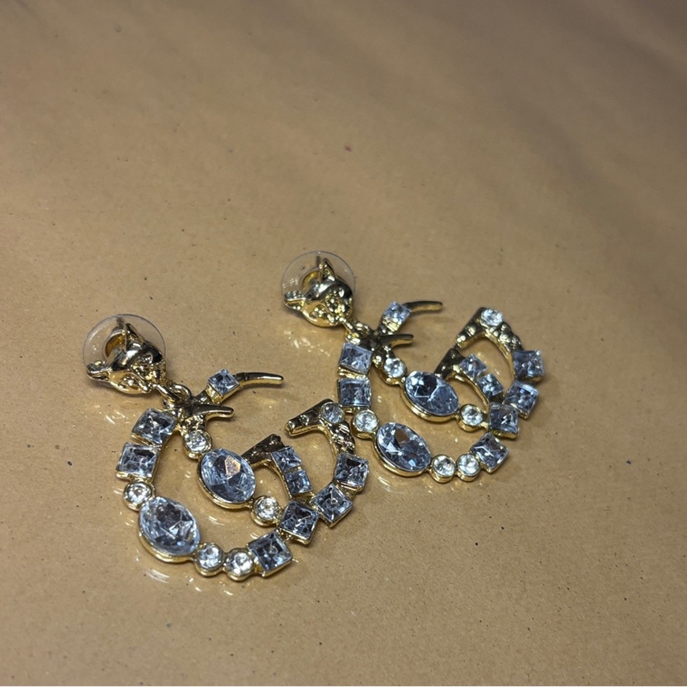 Gold & Rhinestone Dangle Earrings - Picture 3 of 7